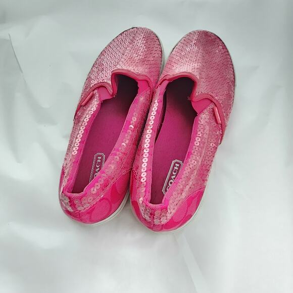 Coach Kivy Slip On Shoes resort Size 8.5 Pink Sequin C Signature Logo Loafers - Picture 4 of 10